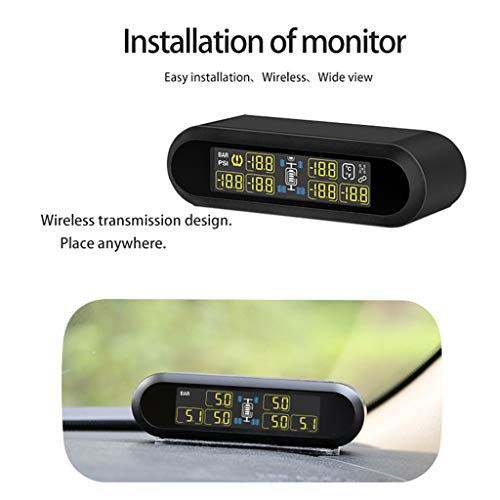 Wireless TPMS Tire Pressure Monitoring System Solar Power with 6 External Sensors Real-time Display Temperature and Pressure LCD Display, Real-time Alarm Function (Black) - Thumbnail 2