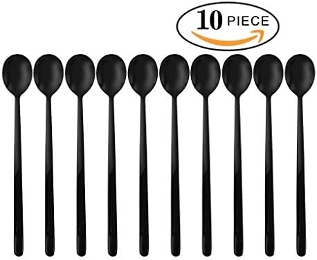 YEKA 10 Pcs 7.5-Inch Long Handle Teaspoons, Coffee Spoon and Ice Cream Spoon, Dessert &amp; Milkshake Spoon, Fruit Juice Long Spoon, 18/8 Stainless Steel Spoons, Color Black