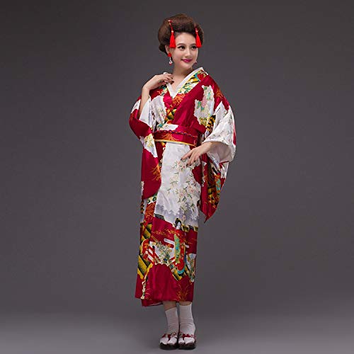 Japanese Kimono Yukata Kimono Women Long Sleeve V Neck Haori Traditional Kimonos with OBI,Red 2,One Size