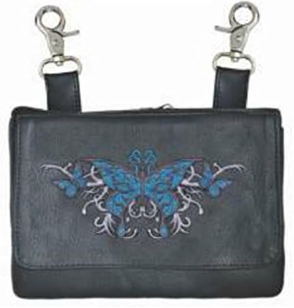 Unik Leather Hip Clip-on or Cross-body Purse with Biker Style Embroidered Butterfly