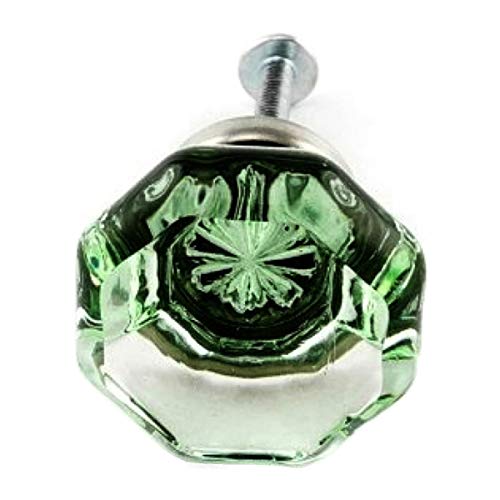 Lt Green Crystal Octagon Glass Cabinet Knobs (4) Drawer Pulls & Handles ~ T27 Classic Flame Polished Glass Knobs with Brushed Nickel Base for Kitchen Cabinet, Cupboard, Dresser or Vanity