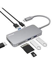 Lenovo USB C Hub, adaptador tipo C con puerto de carga USB C, 7 en 1 USB-C a salida HDMI, USB 3.0, lector de tarjetas SD y MicroSD, portátil para MacBook Pro, Chromebook y más dispositivos tipo C