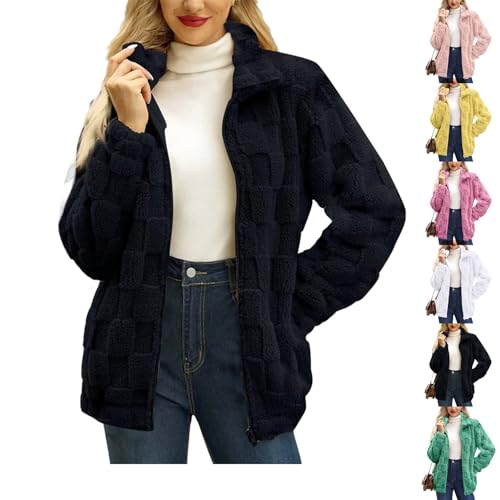 Womens Winter Coat Teddy Fleece Jacket Women, Warm Winter Plush Sherpa Coat with Full Zipper, Collarless Design Without Hood, Solid Color Lounge Ladies Fleece Jacket