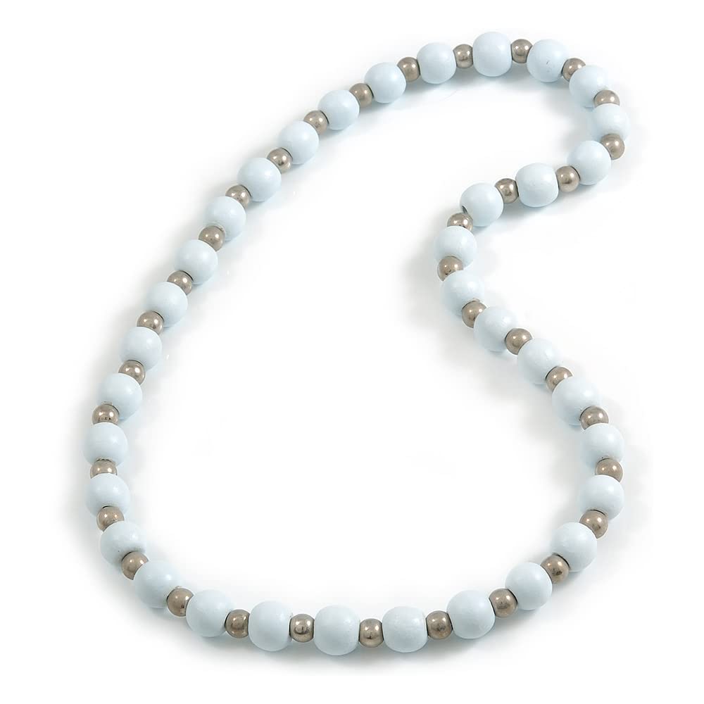 Avalaya White Painted Wood and Silver Tone Acrylic Bead Long Necklace - 70cm L