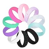 COOLOO 10 Pack Silicone Wedding Ring for Women, Premium Medical Grade Wedding Bands Thin and Stackable Durable Comfortable Rubber Rings, Black White Pink Silver