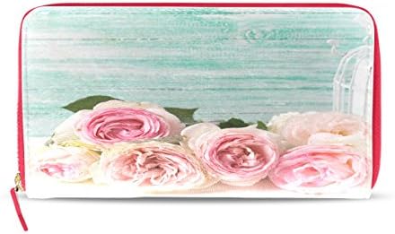 Pink Roses Bird Cage Women PU Leather Clutch Purse Wallet Bag Red