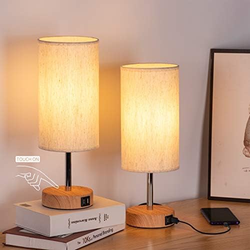 Bedside Lamp with USB Port - Touch Control Table Lamp for Bedroom Wood