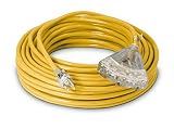 100-ft 14/3 Heavy Duty 3-Outlet Lighted SJTW Indoor/Outdoor Extension Cord by Watt's Wire - Long Yellow 100' 14-Gauge Grounded 13-Amp Three-Prong Power-Cord (100 foot 14-Awg)
