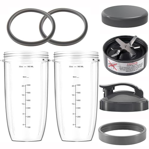 8Pcs Repuesto de taza y cuchilla de licuadora,compatible con licuadora NutriBullet de 600 W/900 W,2 Vaso 950ml,1 Tapa abatible,Anillo de tapa y hoja extractora,2 Juntas de goma,1Tapa selladora