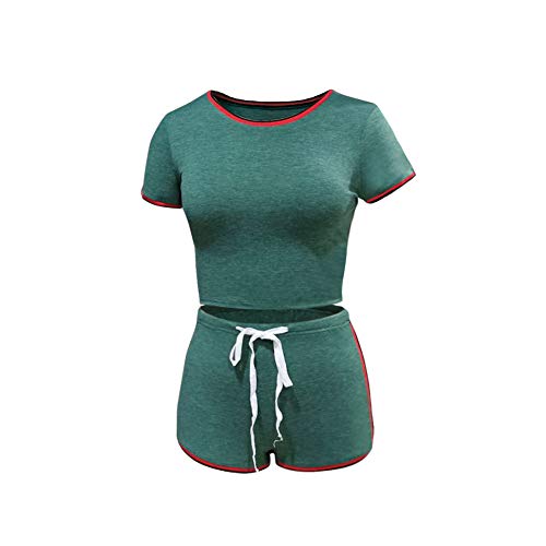 2 Piece Shorts Set for Women - Sexy Short Sleeve Crop Tops + Skinny Shorts Tracksuit X-Large Green