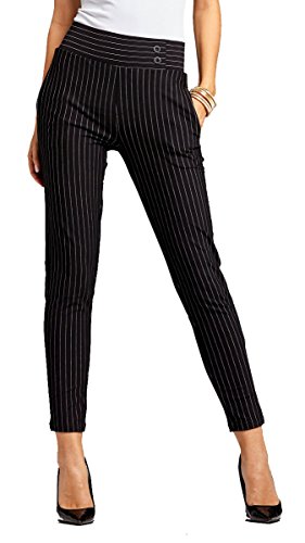 Conceited Women's Dress Pants - Slim and Bootcut - 7 Colors (Large, Slim Buttons Pin Stripe Black)