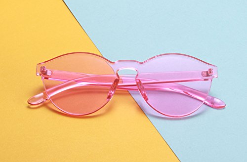 One Piece Rimless Sunglasses Transparent Candy Color Tinted Eyewear(Rose Red+Purple)