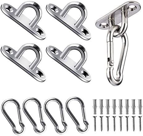JOYUE Stainless Steel Oblong Pad Eye Plates and Carabiner Clips, 50KG Capacity, Heavy Duty Hangers for Swing, Yoga and Shade Sail (24 Pieces)