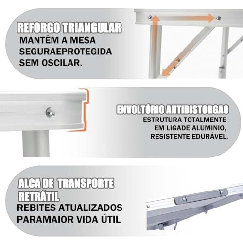 Mesa Maleta Camping Dobrável 90x60cm Ajuste Altura Livre Estável Portátil Alumínio M.R Camping