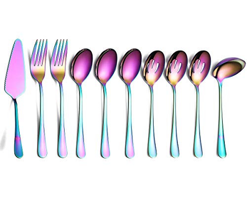 Rainbow 10-Piece Serving Flatware Set - Stainless Steel Silverware with Slotted Spoon, Cake Server, Fork, Soup Ladle