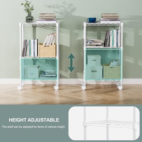 M MZG Metal Shelving Unit with 3 Levels Lockable Wheels, Load Capacity 340 kg, Adjustable Shelves for Kitchen, Bathroom, Pantry and Office, Study, White, 30 x 45 x 75 cm