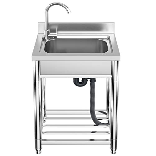 Vockol Professional Stainless Steel Kitchen Sink with 1 Basin, 55 x 50 x 94 cm, Freestanding Stainless Steel Sink with Tap and Accessories, Outdoor and Indoor Sink, Stainless Steel Sink for Kitchen, Restaurant, Garage, Garden