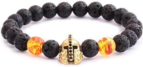 EUPHORIA : Warrior Jewelry Collection : Warrior Spartan Helmet Bead Bracelet with Fire &amp; Lava Beads Elastic Diffuser Natural Stone Men Women Bangle bracelet