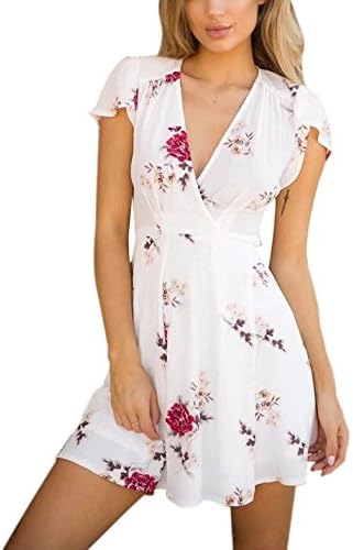 heyinshangmao Women's Sexy V-Neck Short Sleeves Flare Asymmetric Floral Print Party Summer Short Mini Dress