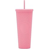 Essasea 24oz DIY Studded Tumbler.Matte Pink Studded Tumbler with Lid and Straw.Reusable Double Walled Insulated Travel Tumbler.Plastic Acrylic Pastel Colored Tumbler Cup for Iced Coffee Smoothie.