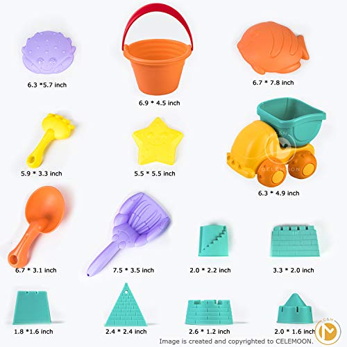 CeleMoon 14pcs Beach Sand Toys Set Soft Plastic Material Sets Including Sand Truck, Bucket, Shovels, Rakes, Castle Molds for Kids Toddlers Outdoor Play