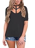 Annflat Women's Choker V Neck Short Sleeve Cut Out T Shirt Side Slit Casual Blouse Tops Large Black