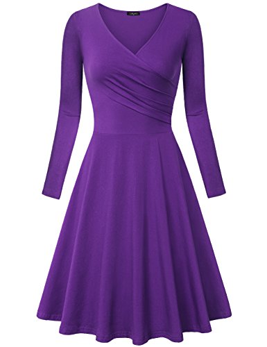 Laksmi V Neck Dress, Women's Long Sleeve Sexy V Neck A Line Casual Cotton Flare Dress (Small, Dark Violet)