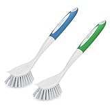 Amazer Kitchen Scrub Brush Sink Bathroom Brushes with Scraper Tip Comfortable Grip Odourless Bristles for Pot Pan Cast Iron Skillet Dishes Cleaning, 2-Pack