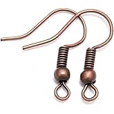 100Pcs 20 * 17mm Red Copper Earring Hooks Hypo-allergenic Ear Wires Fish Hooks with Ball and Coil Wires Jewelry Findings for DIY Jewelry Making Earring Parts Supplies Backs