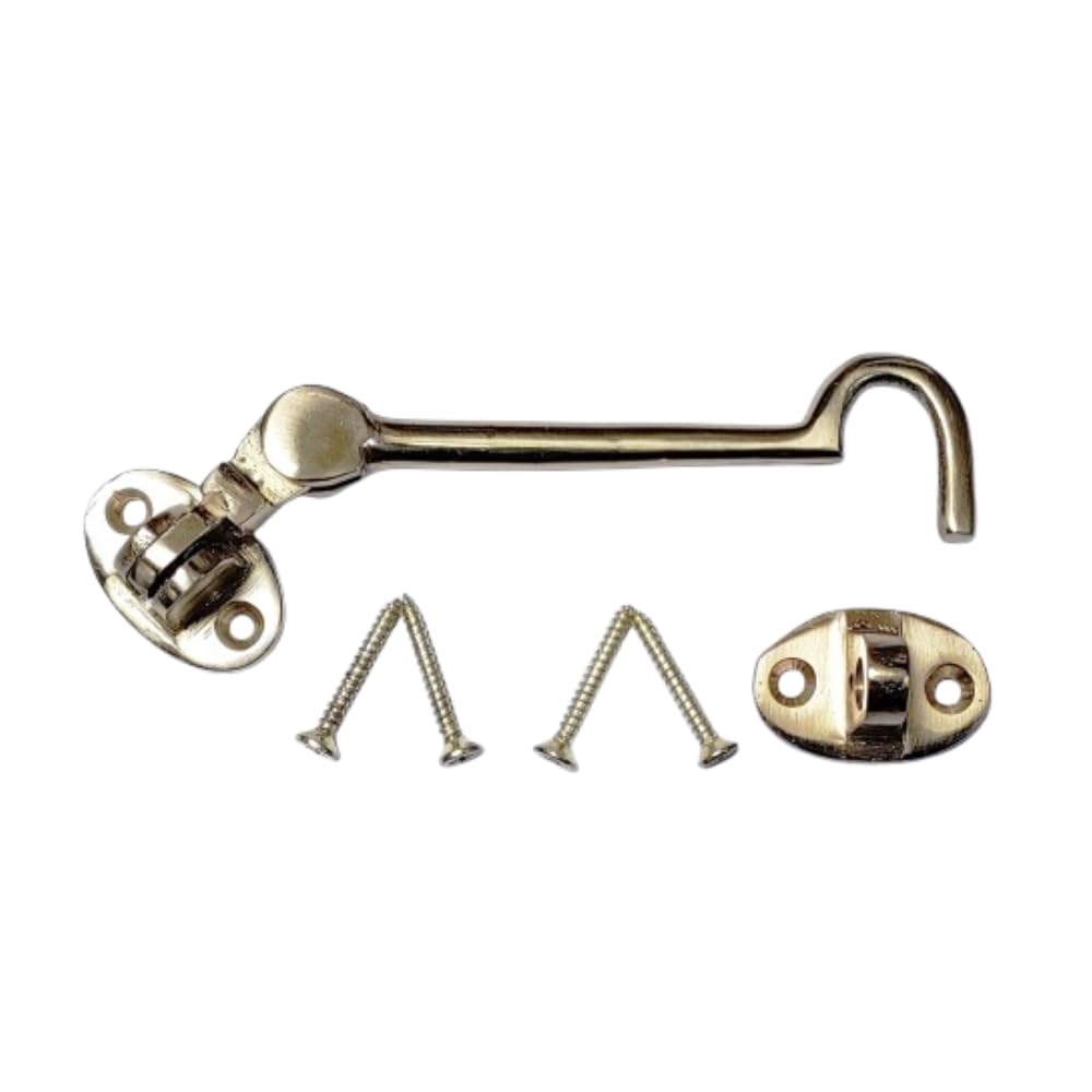 SISI UK Brass Cabin Hook 4 Inch Brass Cabin Hook & Eye Silent Catch Door Latch Holder with Screws Silent Cabin Latch for Shed Gate Catch Garden Gate Latch Patio Doors in Various Finishes Pack of 1. — image 1