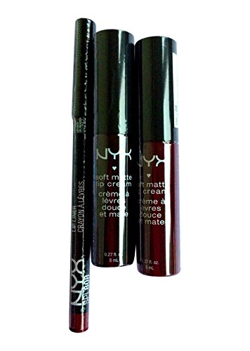 NYX Set (Bundle of 3 products) including 2 Soft Matte Lip Creams- Copenhagen (matte rich plum) and Transylvania (matte deep violet) with NYX Deep Purple (red-violet) Lip Liner