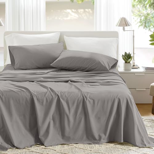 Comfort Spaces 100% Cotton Sheets Full, Breathable & Ultra Soft Cotton Sheets, Naturally Cool Cotton Bed Sheets with 14 Elastic Pocket Fits up to 16 Mattress, All Season Sheet Set, Dark Gray 4 Piece
