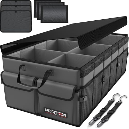 FORTEM Kofferraum Organizer Auto -Zusammenklappbarer Auto Organizer Kofferraum Mit Fächern- Kofferraumtasche Klett mit Rutschfestem Boden -Verstellbar