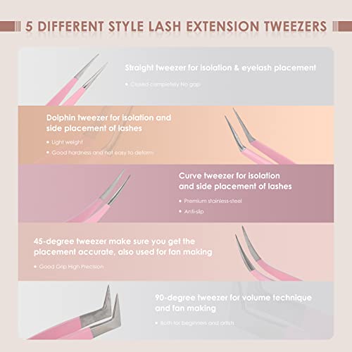 Lash Extensions Tweezers Set, Stainless Steel Straight and Curved