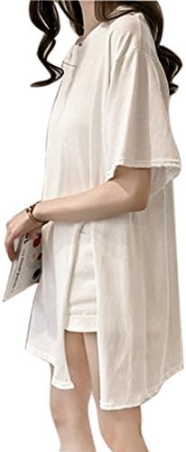 Long Shirt Short Sleeve Shirt Dress Beach Cover up Tunic Side Split Cotton Linen Shirt for Jeans (XXL, T-White)