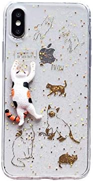 for iPhone Xs MAX Case, Unique Cute 3D Cat with Gold Cat Stickers Background Glitter for Girls Women, Clear Transparent Soft Silicone Case