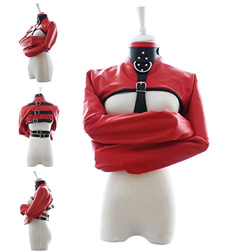 COSY-L Leather Bondage Strait Jacket – Female Fetish Open Breast Cupless Jacket Costume Top Women’s Restraint Straight Clothing BDSM Sexual Life,Red