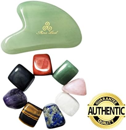 Chakra Stones Healing Crystals Set of 8 and Green Jade Stone Gua Sha Scraping Facial Massager Value Pack, Great Crystal Healer Set