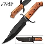 Timber Wolf ClaimStaker Bowie Knife and Sheath - 3Cr13 Stainless Steel Black Blade, Full-Tang, Wooden Handle - Length 12 1/2