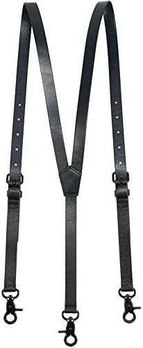 Men's Black Genuine Leather Steampunk Y Suspenders with 3 Snap Hooks Great for Wedding &amp; Party