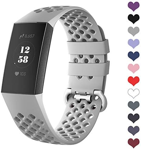 DEKER Sport Bands Compatible for Fitbit Charge 3 Bands Charge 3 SE Fitness Tracker Women Men, Breathable Holes Silicone Smart Watch Strap Small Large Accessories Wristbands (Gray, Small)