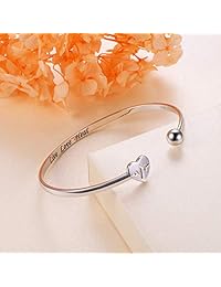 925 Sterling Silver Adjustable Open Cuff Heart Bangle Bracelet for Women Girls Inspirational Gift