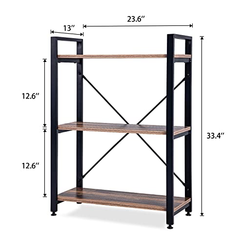 Small Bookshelf, 3 Tier Industrial bookshelf Wood Bookcase Shelves