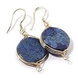 Natural Stone Wire Wrap Dangle Drop Earrings Gold Plated 925 Sterling Silver Hook/Lapis Lazuli Round 16mm