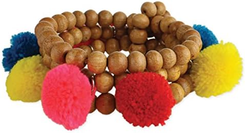 Woolen Pom Pom Ball Beaded Stretch Bracelet Set - Natural Wood