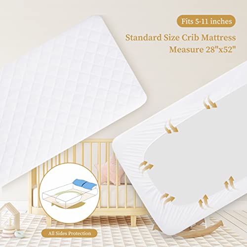 Safe and Sound Crib Mattress Protector (1 Pack), Waterproof Quilted Fitted Mattress Pads, Soft, Breathable, Organic, Bamboo Rayon Fabric Crib Mattress Cover (28x52 Inches, White)