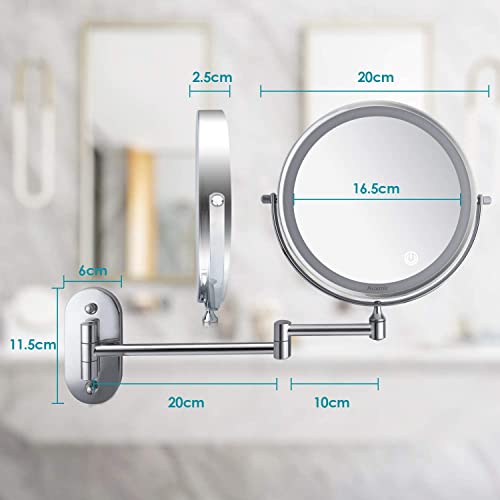 Specchio LED Da Parete Per Trucco Con Ingranditore 10x - Nero, Rotazione 360°, Braccio Regolabile