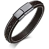 Rockyu Men’s Leather Bracelet Brown Braided Leather Stainless Steel Clasp Adjustable Bracelet for Men Fashion Jewelry Gift for Birthday