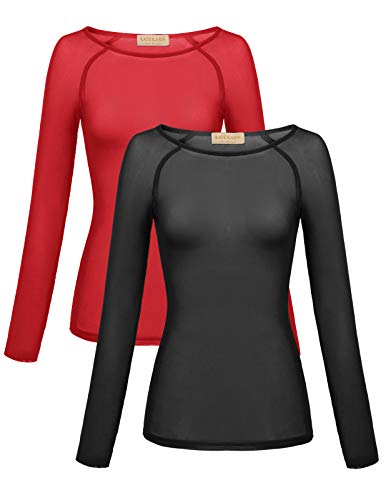 Women's Long Sleeve Shirts Mesh Sheer See Through Casual Top(2pack Black Red,XL)