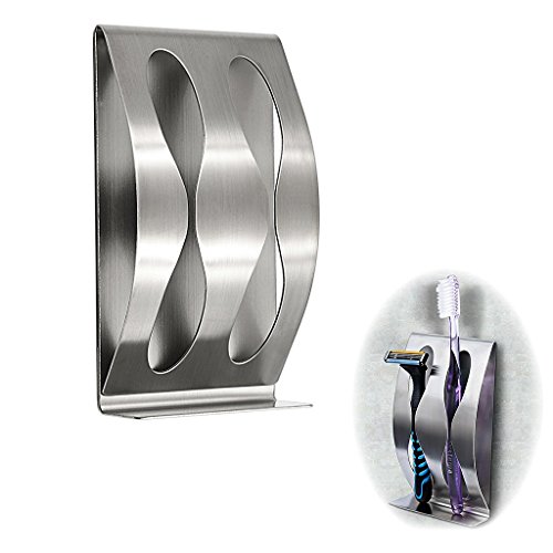 BTSKY Wall Mounted 3M Self Adhesive Bathroom Toothbrush Holders Razor Organizer--Made of Stainless Steel, 2 Hole